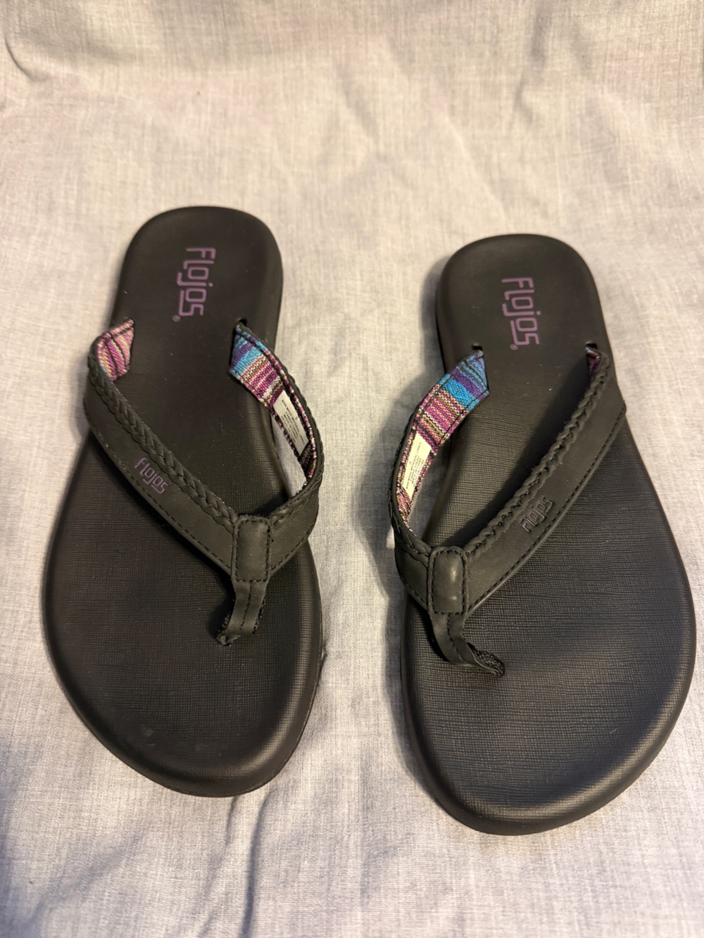Flojos Black Flip Flop Sandals with Purple & Teal Accents